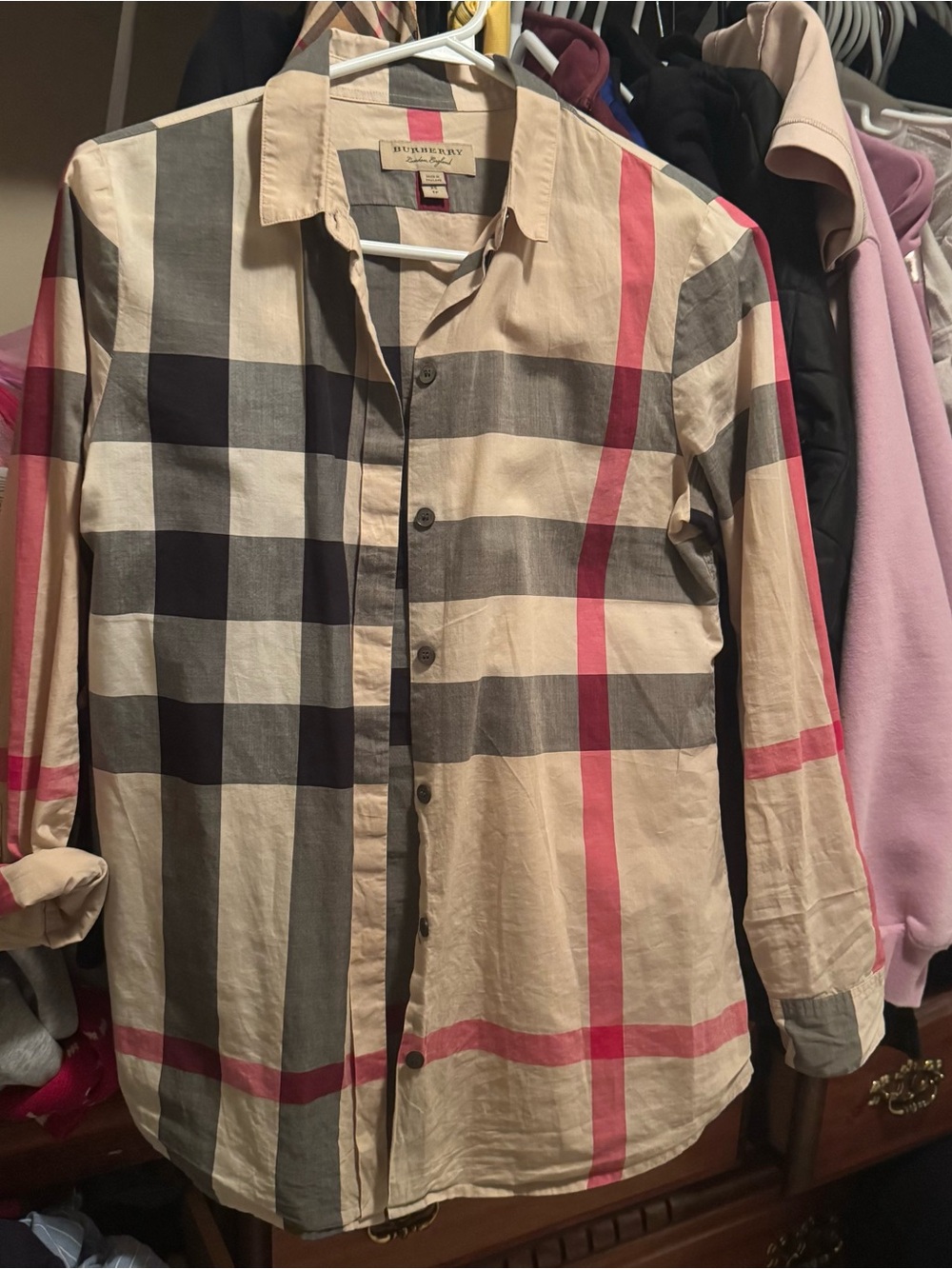 Burberry Beige Plaid Button-Down Shirt with Red Stripe